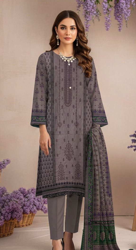 Woman wearing a gray embroidered outfit with a necklace, surrounded by purple flowers.