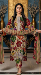 Woman wearing a colorful traditional outfit with a patterned scarf in an elegant setting.