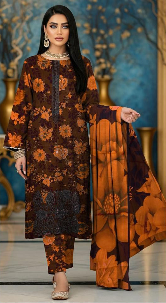 Slub Khaddar 3-Piece Suit | Embroidery & Printed Dupatta