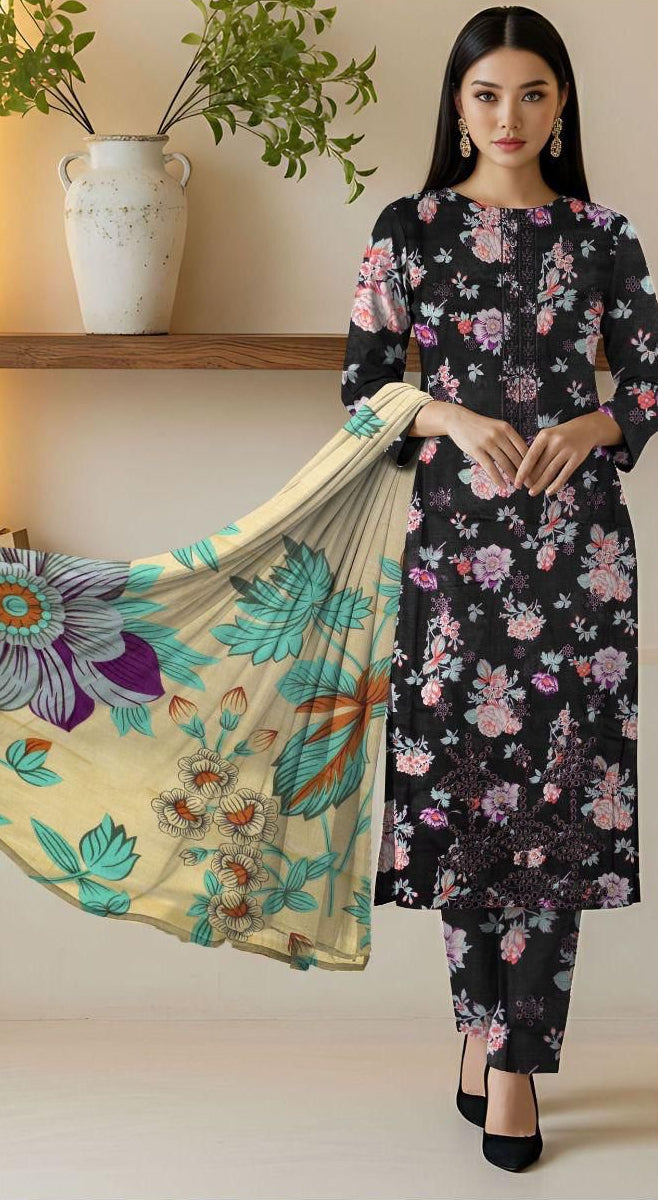 Slub Khaddar 3-Piece Suit | Embroidery & Printed Dupatta