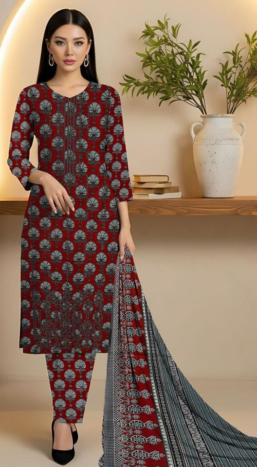 Slub Khaddar 3-Piece Suit | Embroidery & Printed Dupatta