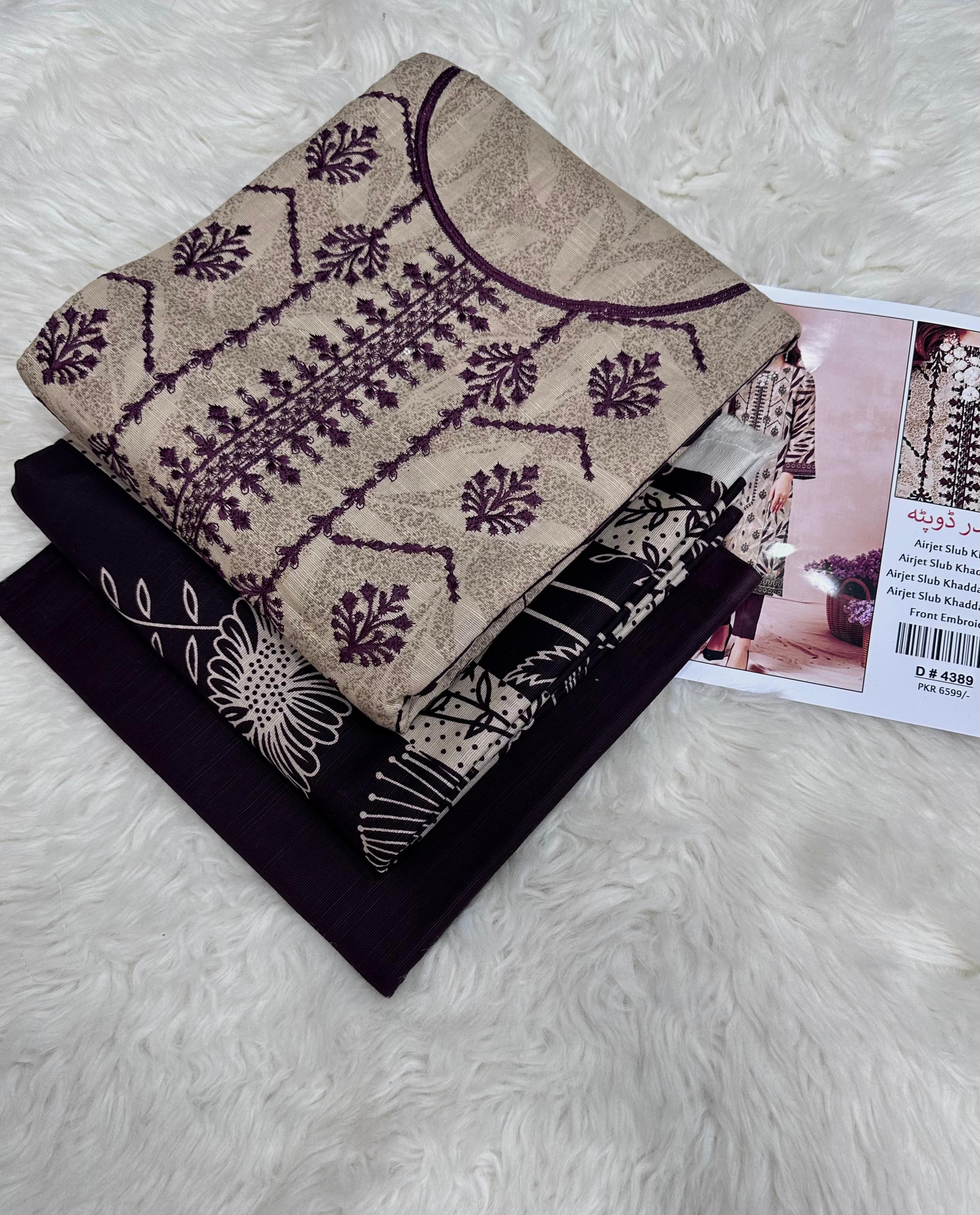 Slub Khaddar 3-Piece Suit | Embroidery & Printed Dupatta