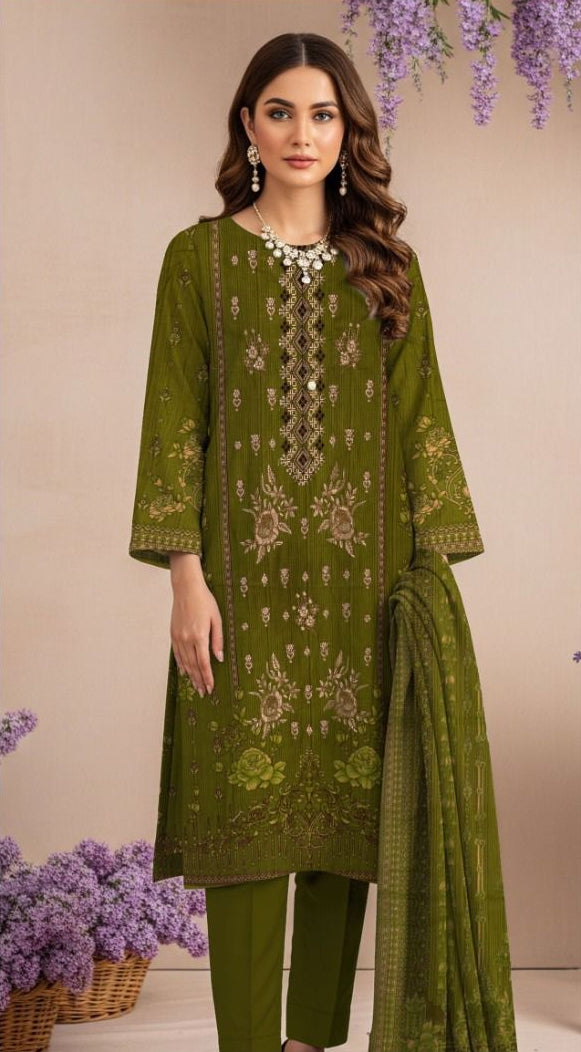 Slub Khaddar 3-Piece Suit | Embroidery & Printed Dupatta