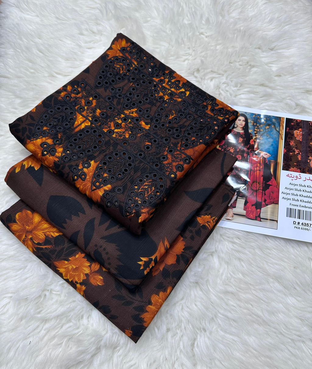 Slub Khaddar 3-Piece Suit | Embroidery & Printed Dupatta