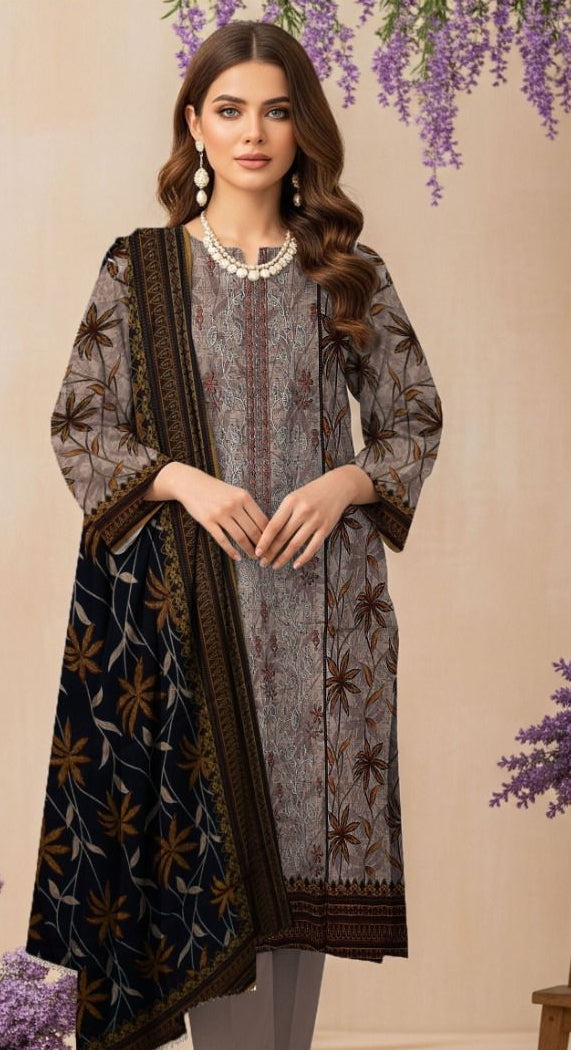 Woman wearing a traditional outfit with embroidered details, set against a neutral background.