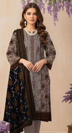 Woman wearing a traditional outfit with embroidered details, set against a neutral background.