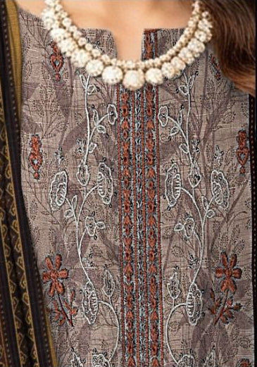 Woman wearing a traditional outfit with embroidered details, set against a neutral background.