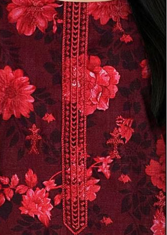 Red floral embroidered outfit with detailed patterns on a dark background