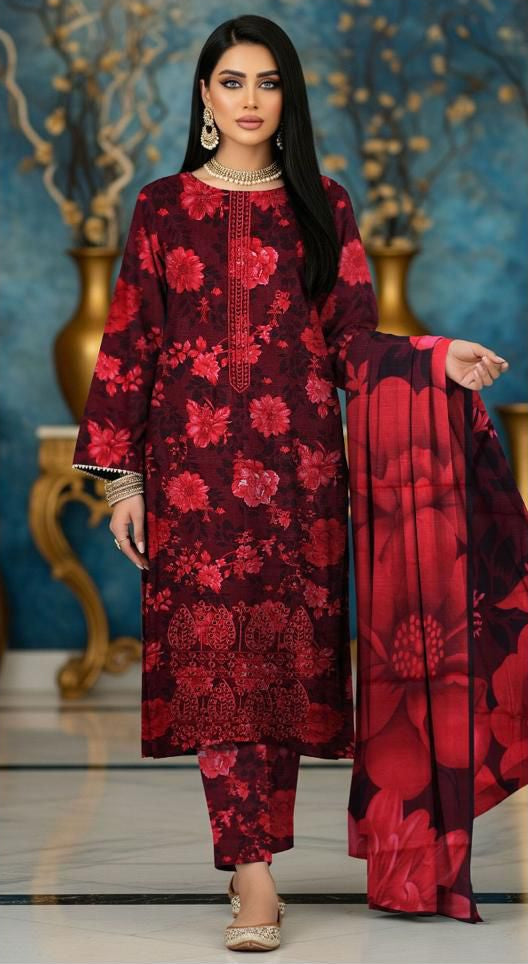 Slub Khaddar Embroidery Suit – Shirt, Trouser & Dupatta