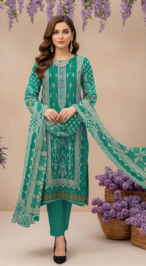 Green embroidered traditional outfit with dupatta, necklace, and jewelry on a beige background.