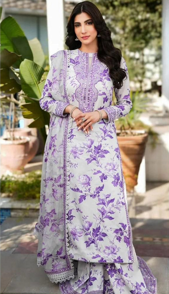 Woman wearing a floral outfit with 'Sapphire' branding on a product label.