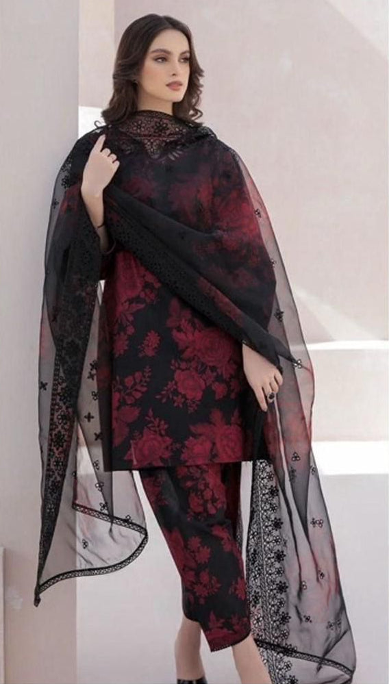 Sapphire Digital Printed Karandi outfit with a woman modeling it, featuring shirt, dupatta, and trousers.