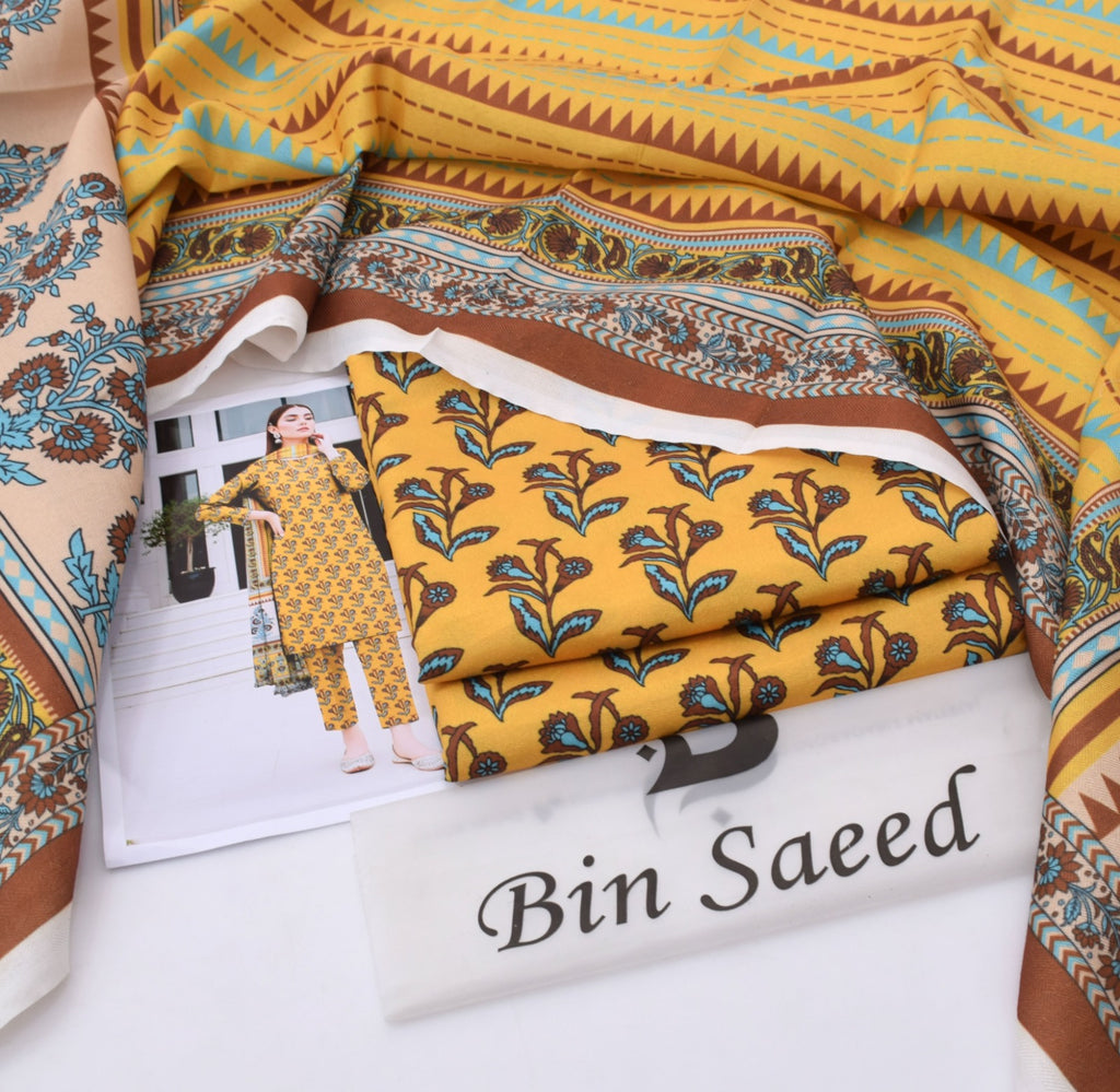 BINSAEED Khaddar 3PC – Elegant Printed Shirt & Trouser Set || 7 Colors