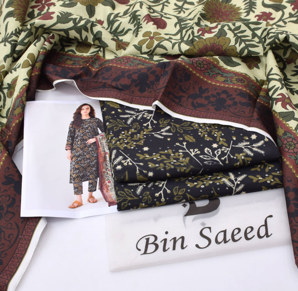 BINSAEED Khaddar 3PC – Elegant Printed Shirt & Trouser Set || 7 Colors