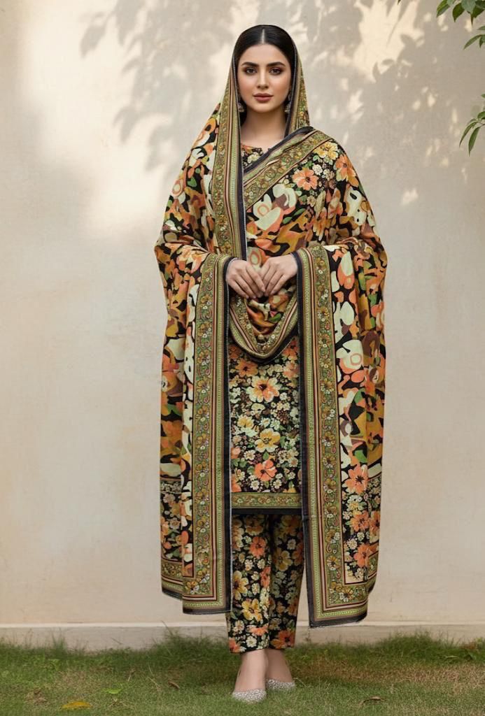 BAROQUE Premium Printed Khaddar 3PC – Digital Shirt & Trouser Winter Suit