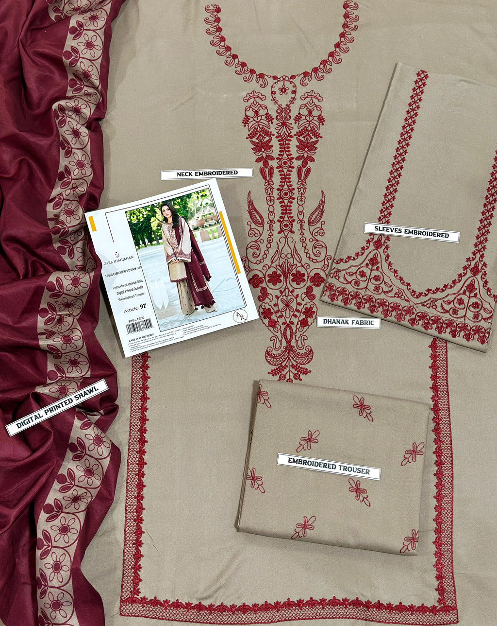 Zara Shahjahan Premium Winter Dhanak 3PC Unstitched Fabric with Pashmina