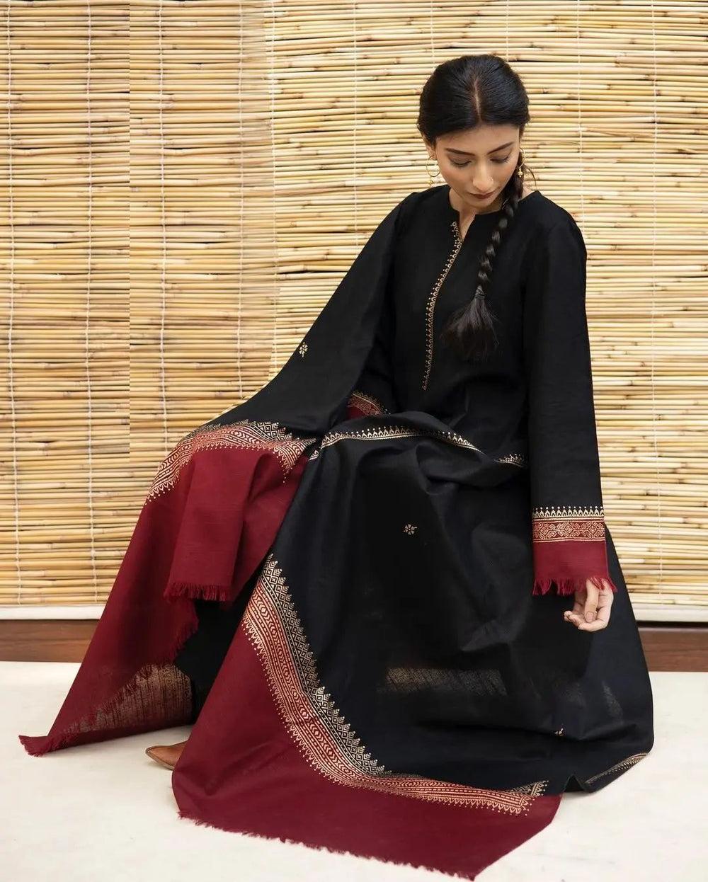 DYOT Winter Dhanak 3PC Embroidered Suit with Pashmina Shawl