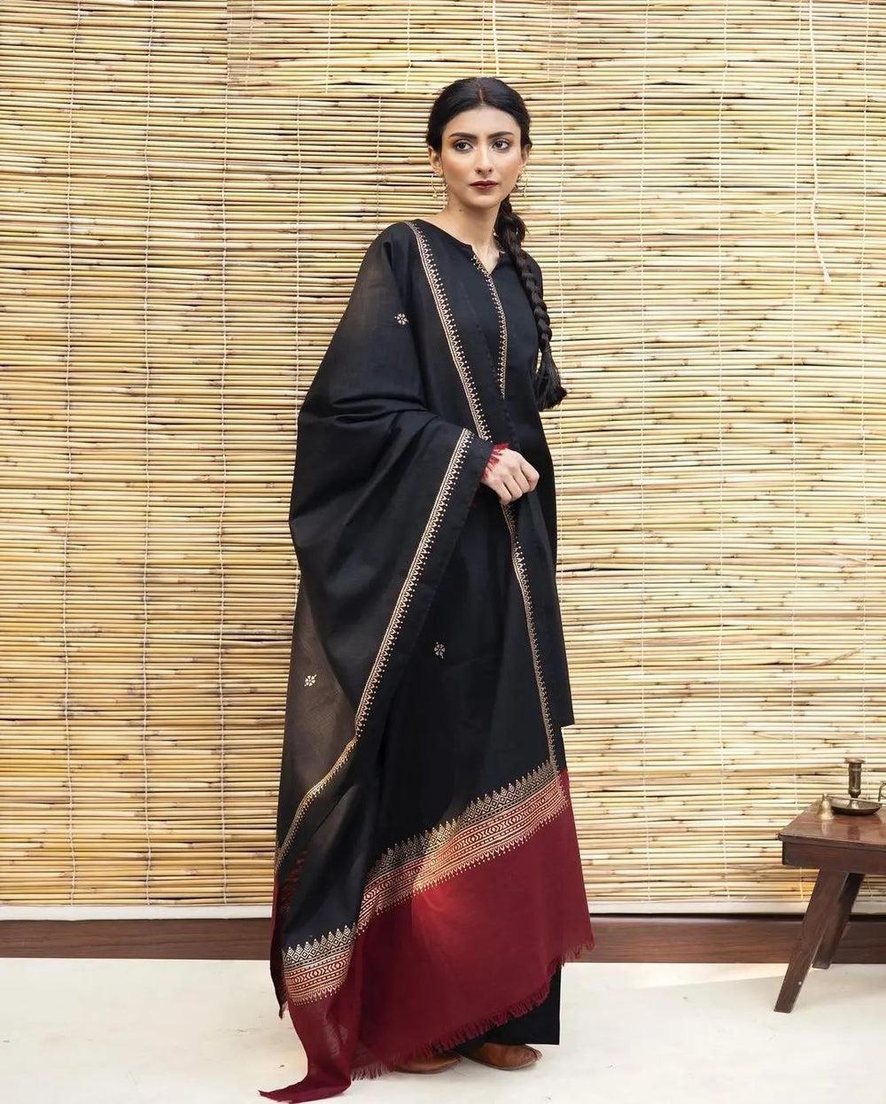 DYOT Winter Dhanak 3PC Embroidered Suit with Pashmina Shawl