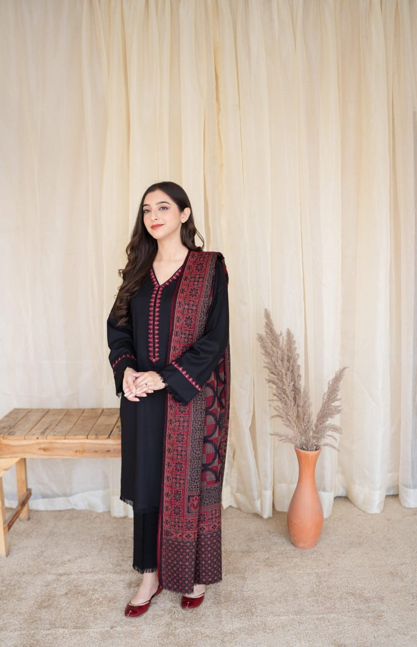 URGE Premium Dhanak 3PC Winter Suit with Embroidered Details & Pashmina