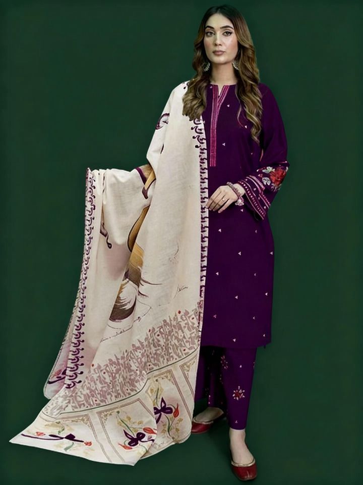 URGE Dhanak 3PC Winter Suit with Embroidered Detailing & Pashmina