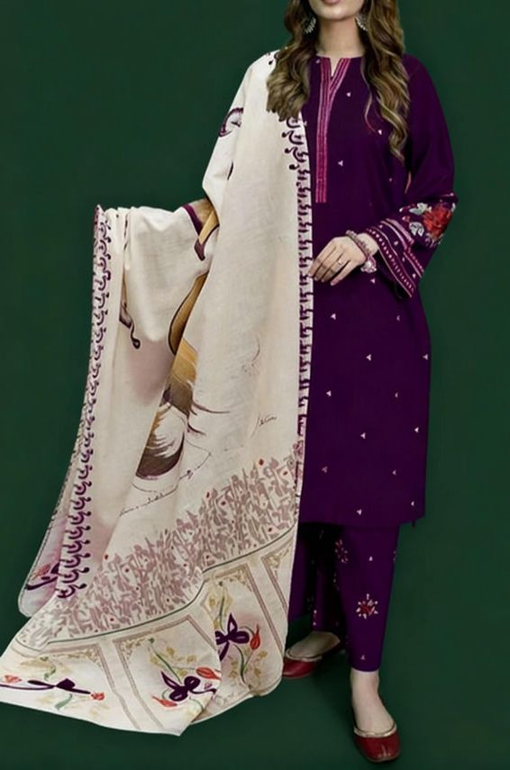 URGE Dhanak 3PC Winter Suit with Embroidered Detailing & Pashmina