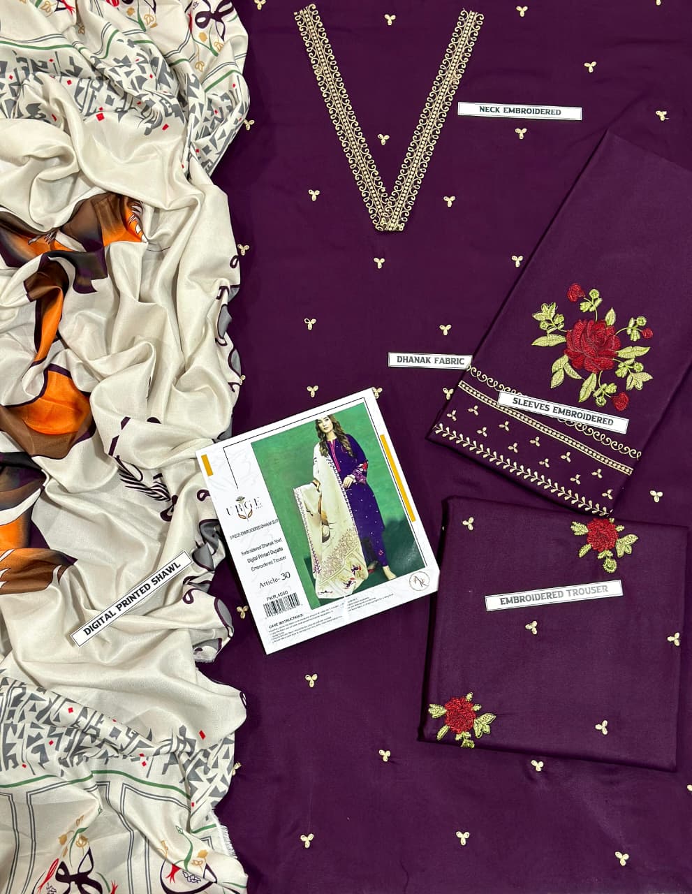 URGE Dhanak 3PC Winter Suit with Embroidered Detailing & Pashmina