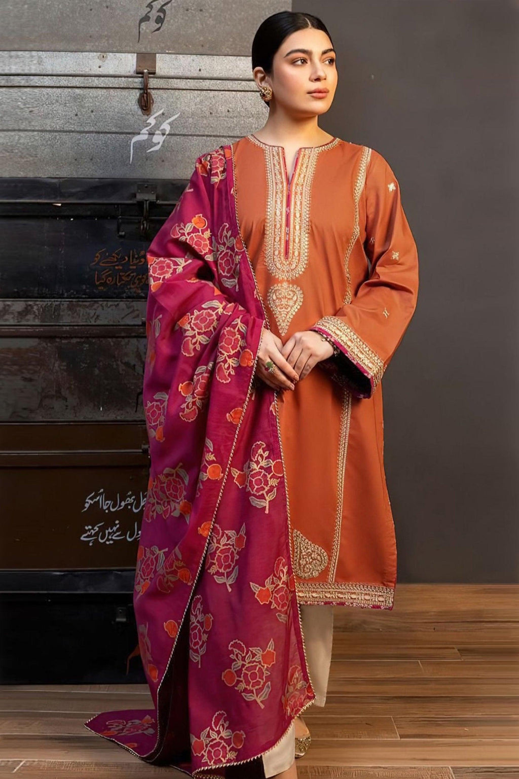 URGE Premium Dhanak 3PC Embroidered Suit with Pashmina Shaw