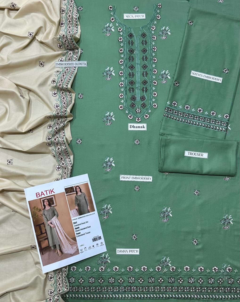 BATIK Luxe Airjet Dhanak 3PC Unstitched Embroidered Fabric with Shawl