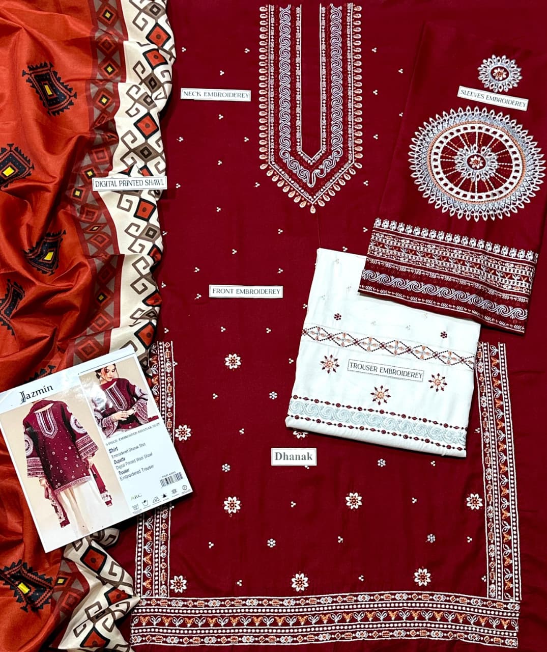 Jazmin Premium Dhanak 3PC Unstitched Embroidered Fabric with Shawl