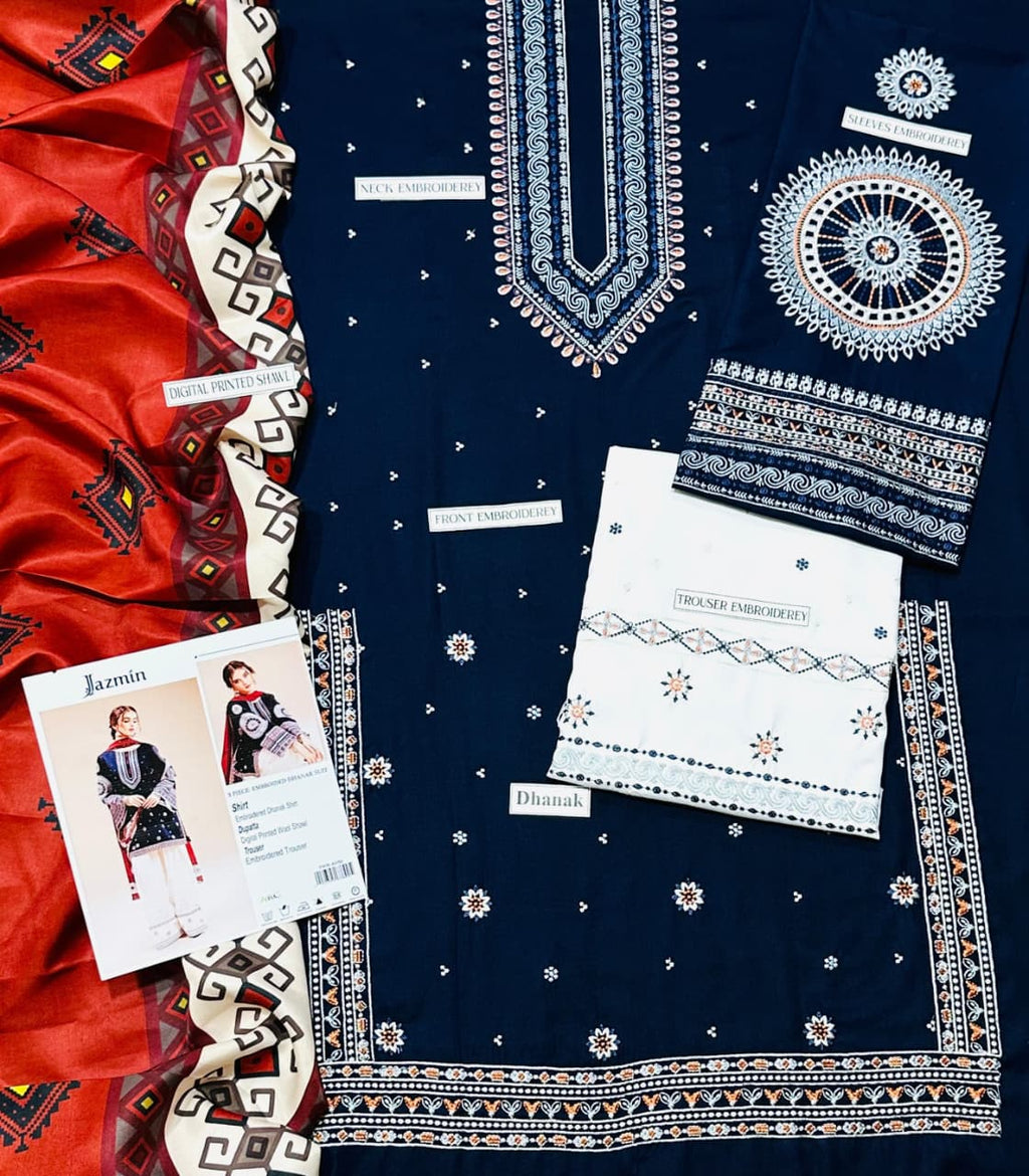 Jazmin Airjet Dhanak 3PC Unstitched Embroidered Fabric Set with Shawl