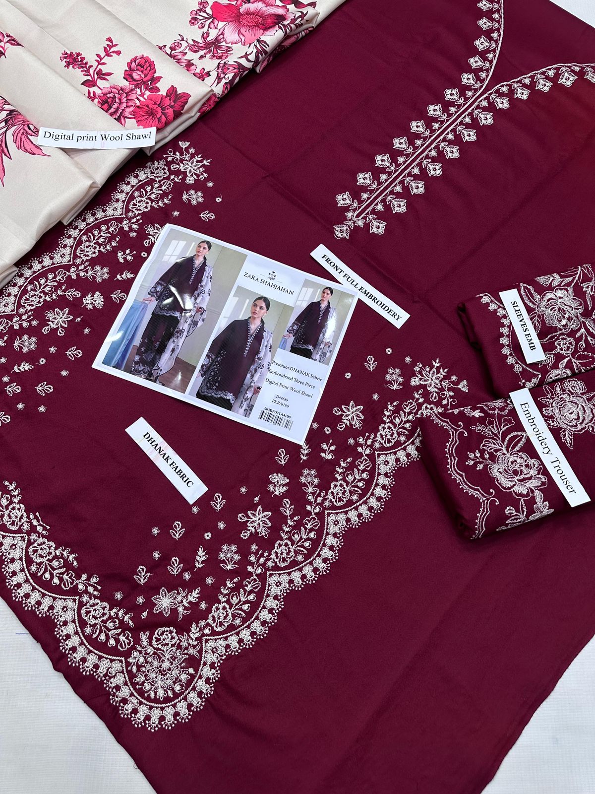 Zara Shahjahan Unstitched Dhanak Collection – Embroidered Shirt & Trouser + Digital Shawl