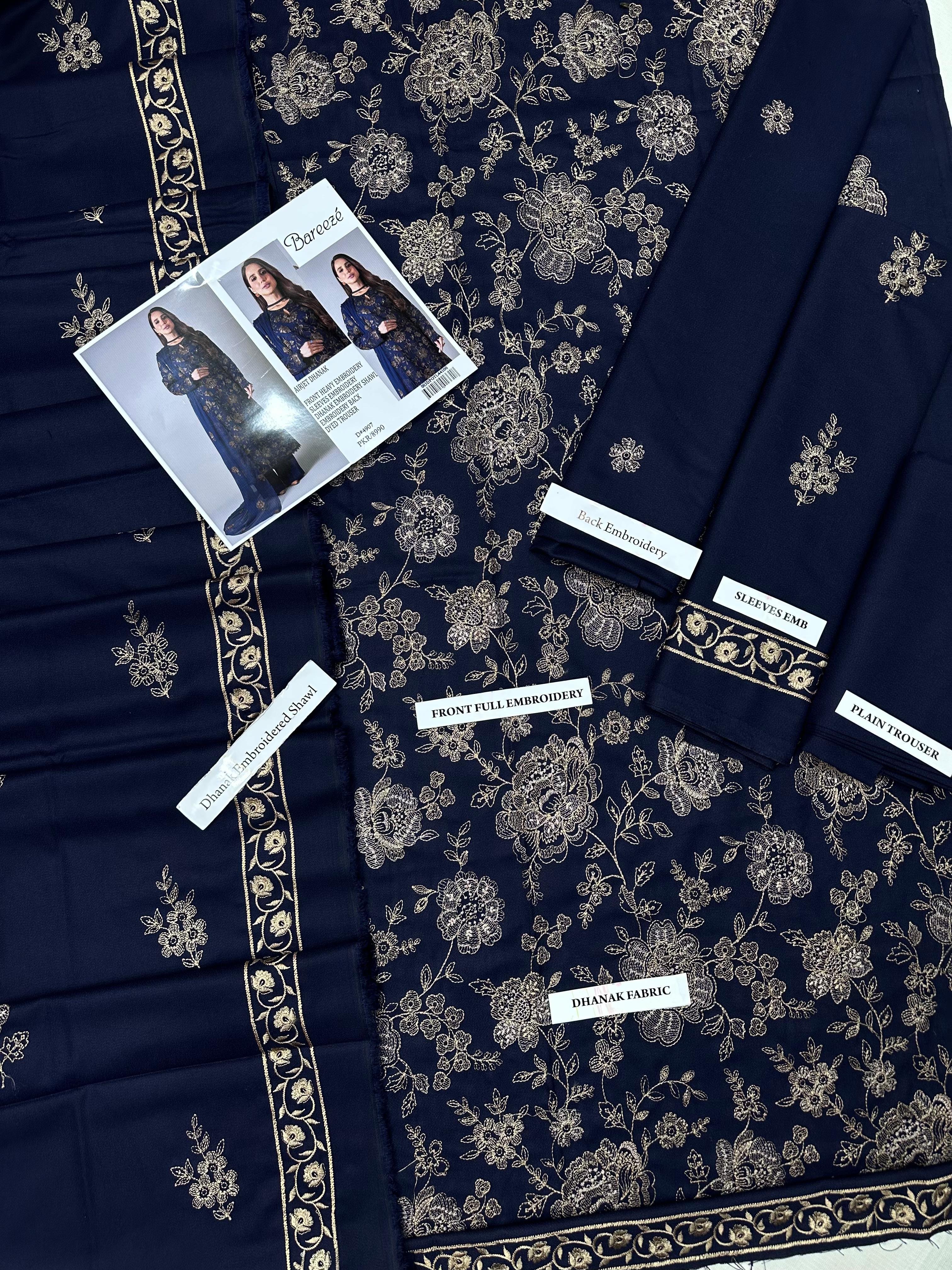 Bareeze Premium Dhanak – Full Heavy Embroidered 3PC Unstitched Suit