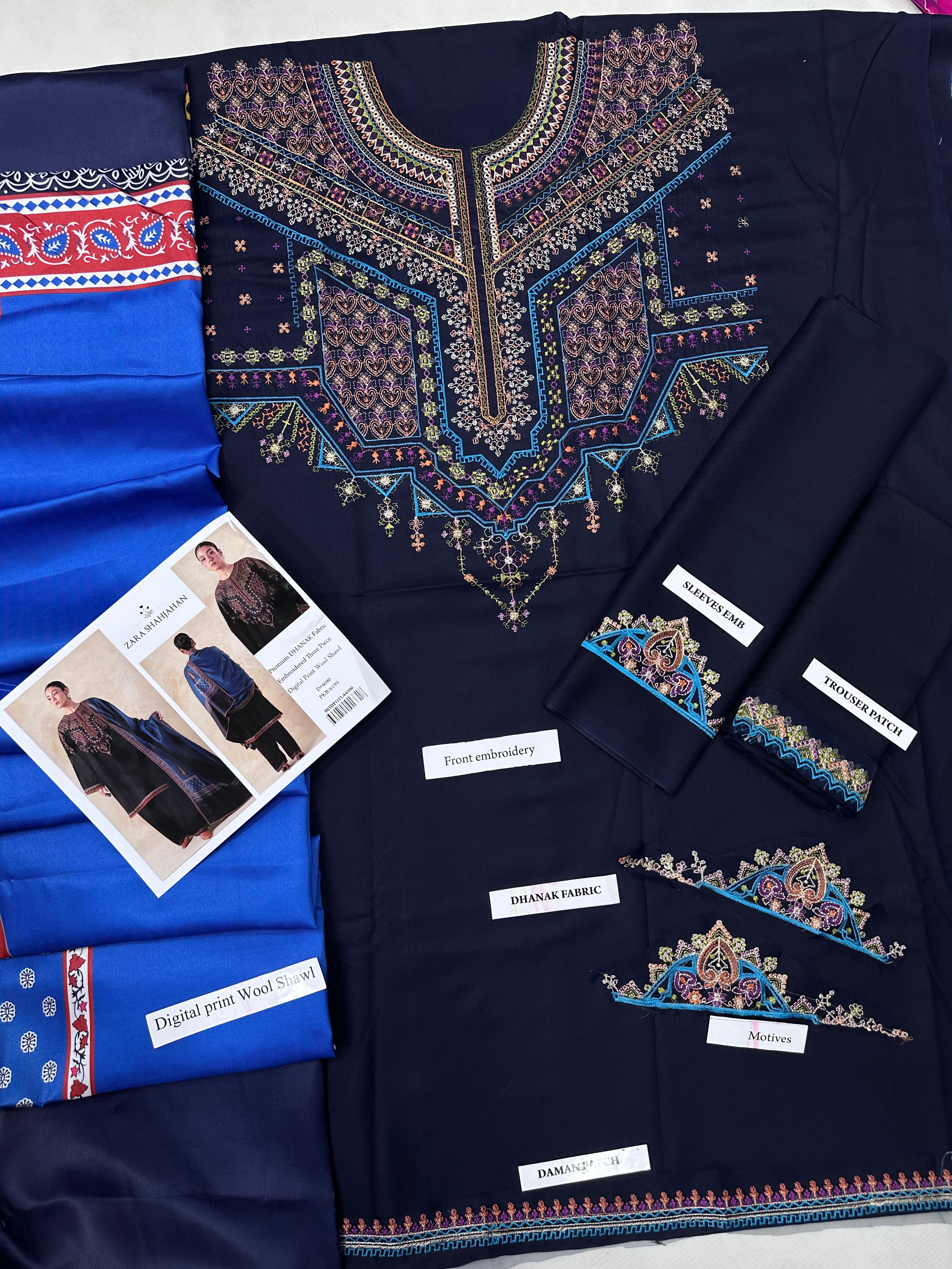 Zara Shahjahan Premium Dhanak 3PC – Fully Embroidered Shirt with Digital Wool Shawl
