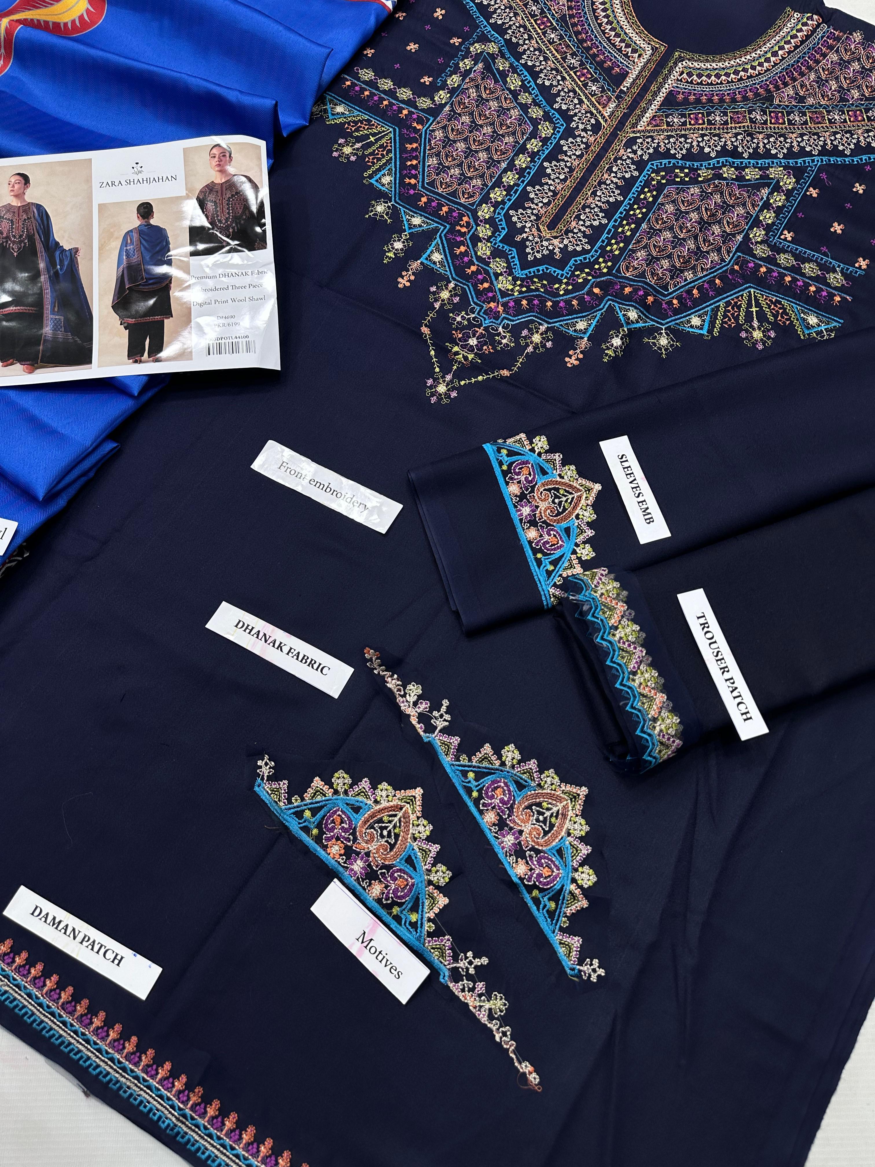 Zara Shahjahan Premium Dhanak 3PC – Fully Embroidered Shirt with Digital Wool Shawl