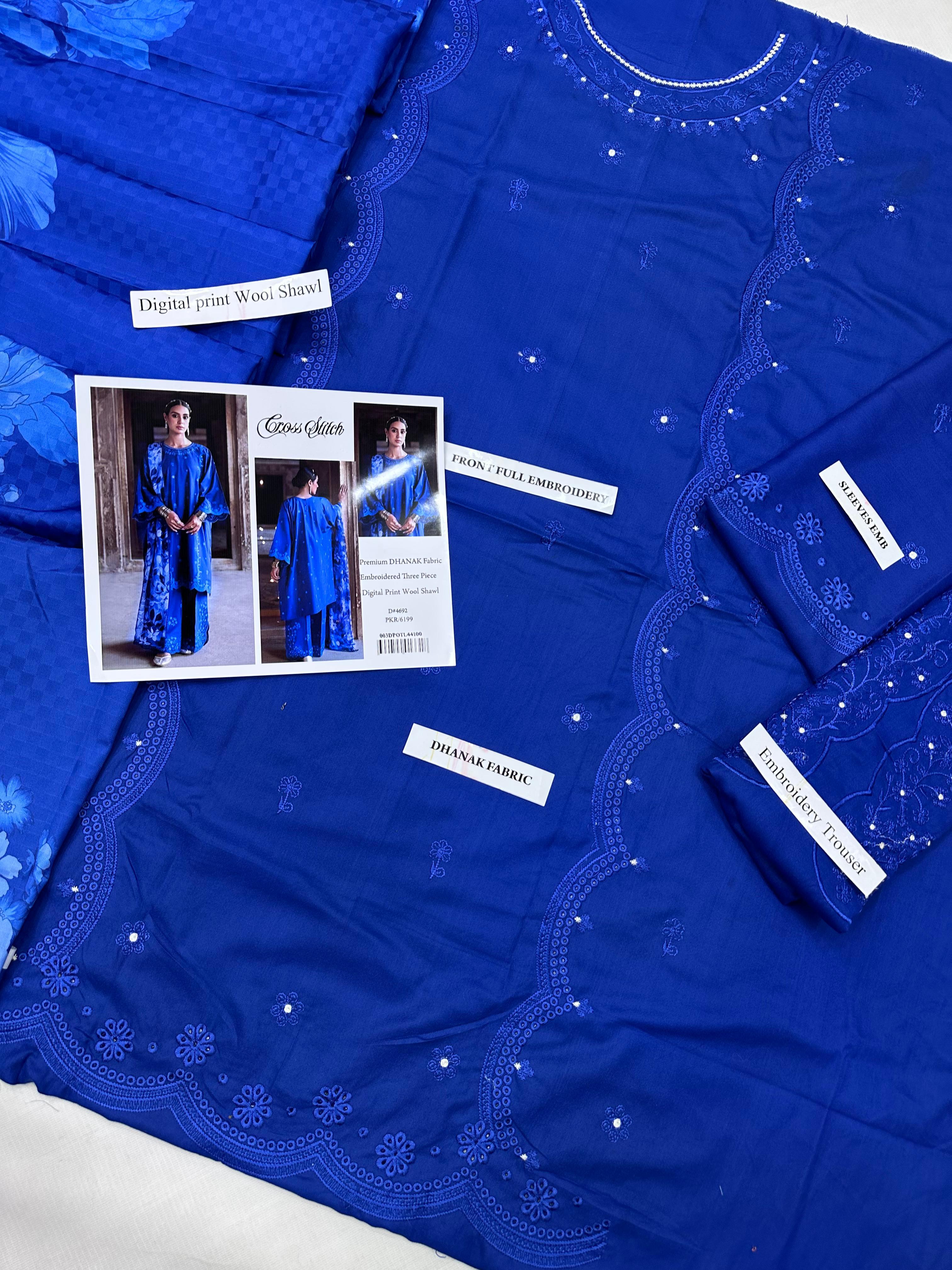 Cross Stitch Premium Dhanak 3PC – Fully Embroidered Shirt with Digital Wool Shawl