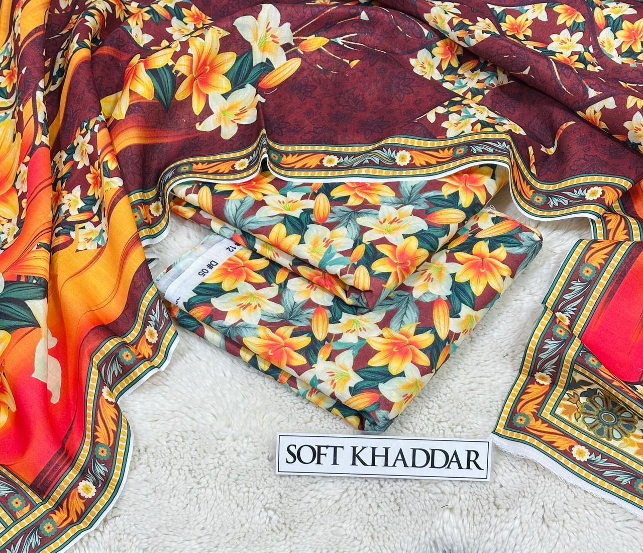 Premium Swiss Soft Khadder Printed 3PC Suit || 10 Colors