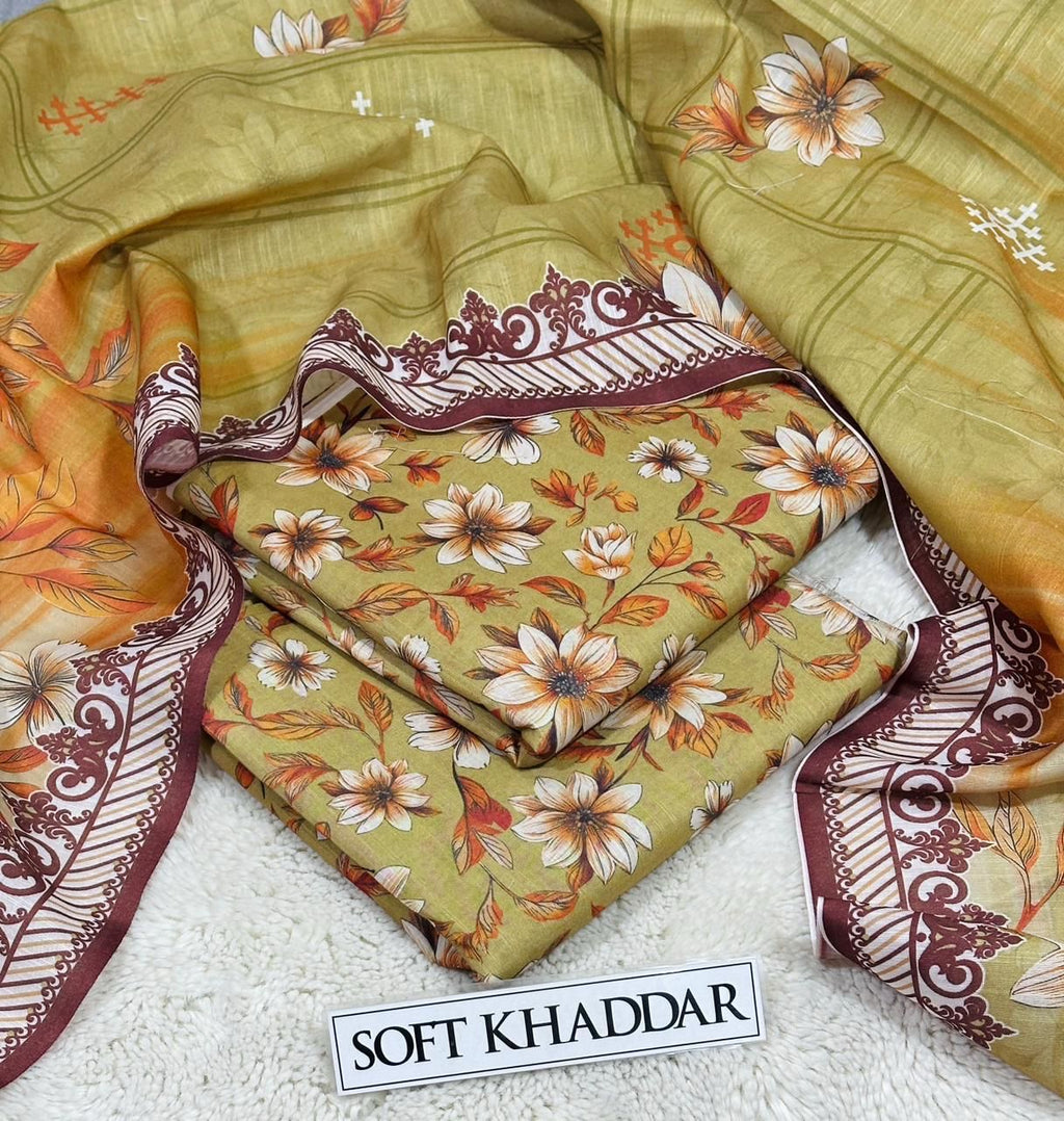 Premium Swiss Soft Khadder Printed 3PC Suit || 10 Colors