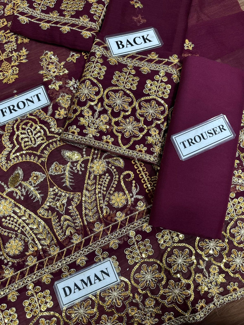 Asim Jofa Replica – Embroidered Chiffon 3-Piece Suit with Malai Trouser