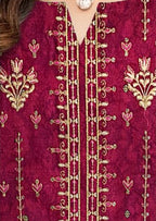 Maroon embroidered traditional outfit with green border, displayed with a woman and close-up details.