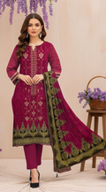 Maroon embroidered traditional outfit with green border, displayed with a woman and close-up details.