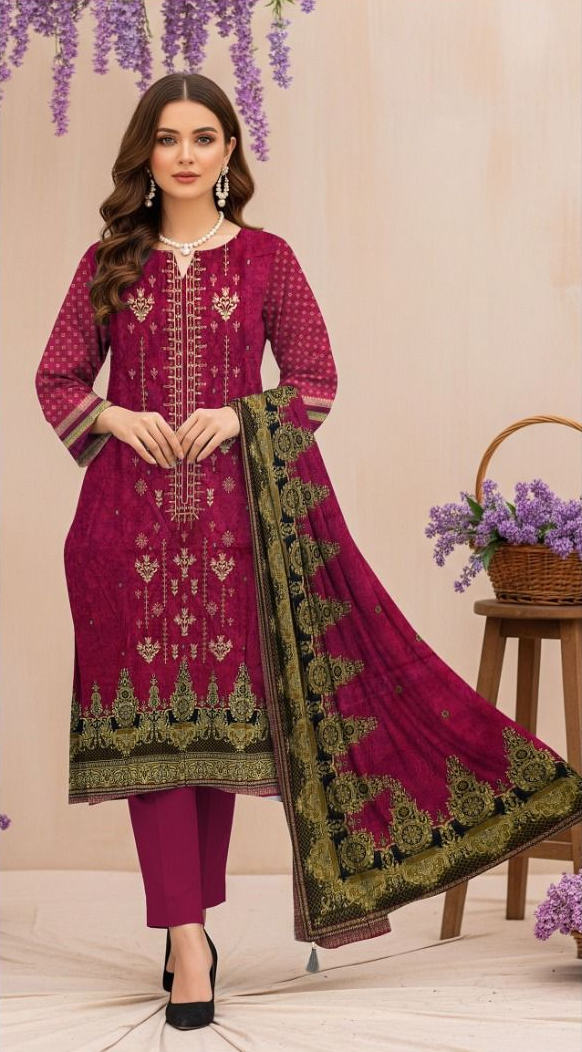Maroon embroidered traditional outfit with green border, displayed with a woman and close-up details.