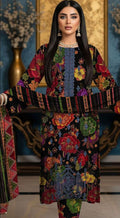 Traditional embroidered outfit with floral patterns and a model wearing it, set against a decorative background.