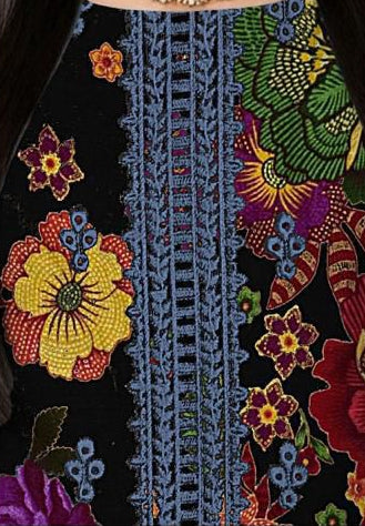 Traditional embroidered outfit with floral patterns and a model wearing it, set against a decorative background.